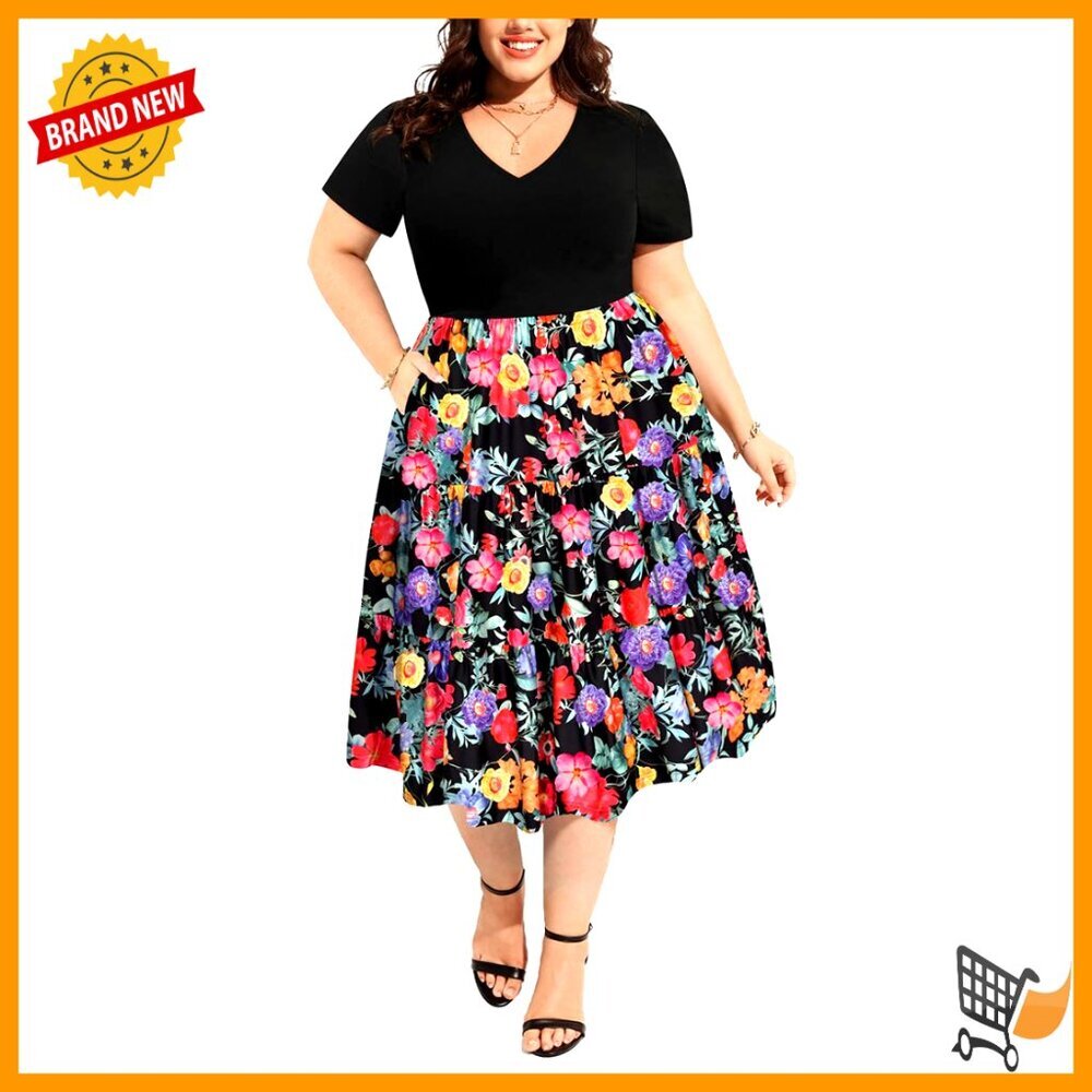 Plus Size V-Neck Patchwork Dress, Short Sleeve, Summer Casual, XL-5XL